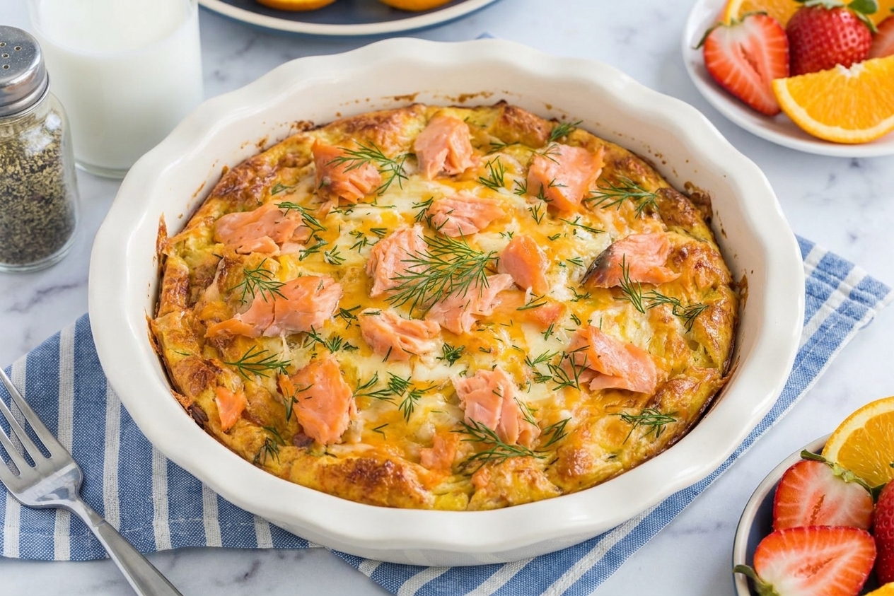 A baked egg casserole topped with pieces of smoked salmon and fresh dill in a white baking dish on a counter