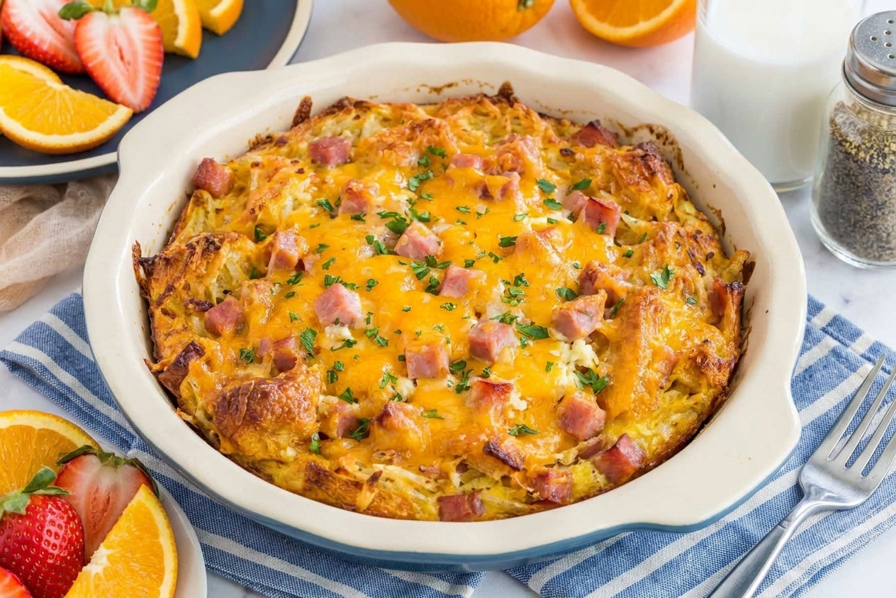 A baked hash brown breakfast casserole in a ceramic baking dish with a crisp golden top and browned edges