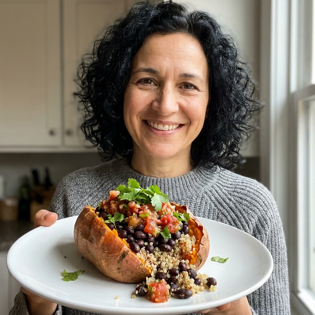 A baked sweet potato split open and filled with black beans, quinoa, salsa, and cilantro