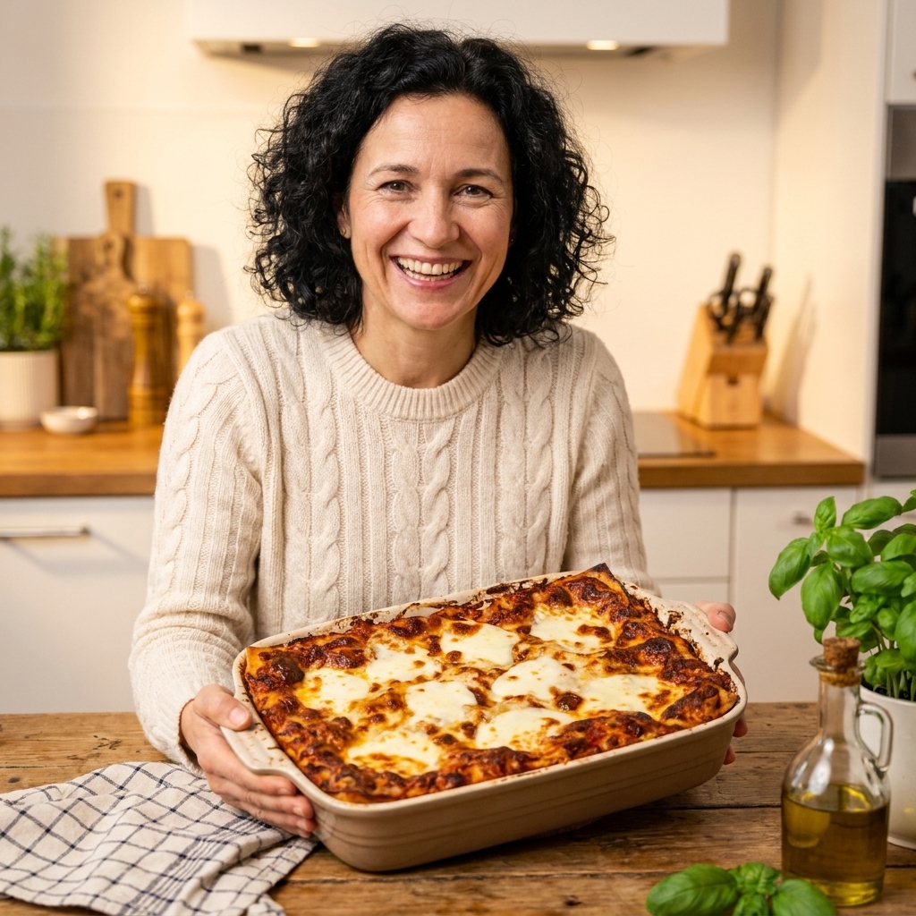 A baking dish of American-style lasagna with bubbling melted mozzarella and browned edges, resting on a kitchen counter