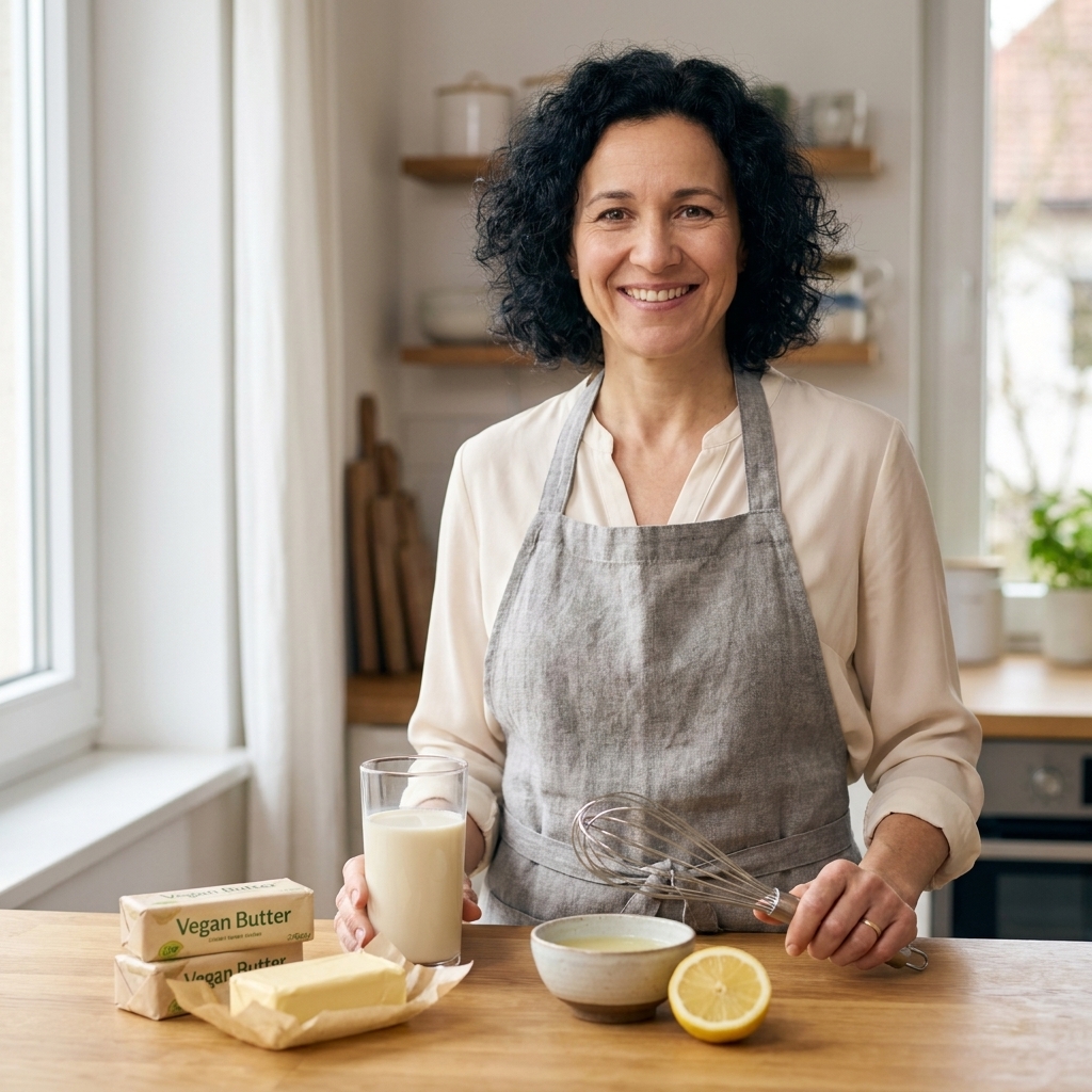 A baking setup with vegan butter sticks, a glass of soy milk, a small bowl of lemon juice, and a whisk on a wooden counter