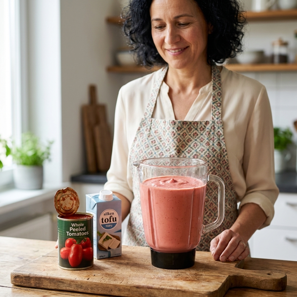 A blender jar filled with pink tomato cream sauce made with silken tofu, with a wooden cutting board and canned tomatoes nearby