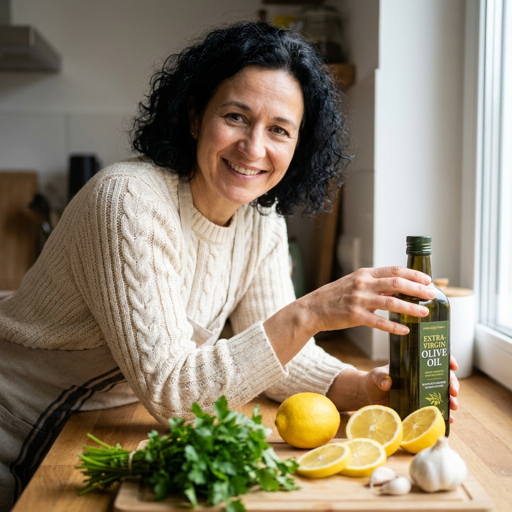 A bottle of extra-virgin olive oil beside fresh lemons, parsley, and garlic on a kitchen counter, ready for cooking