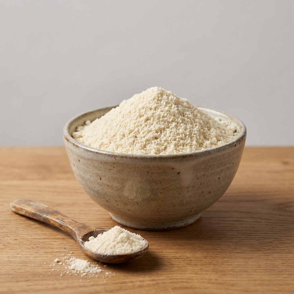 A bowl filled with fine pale almond flour with a wooden spoon beside it