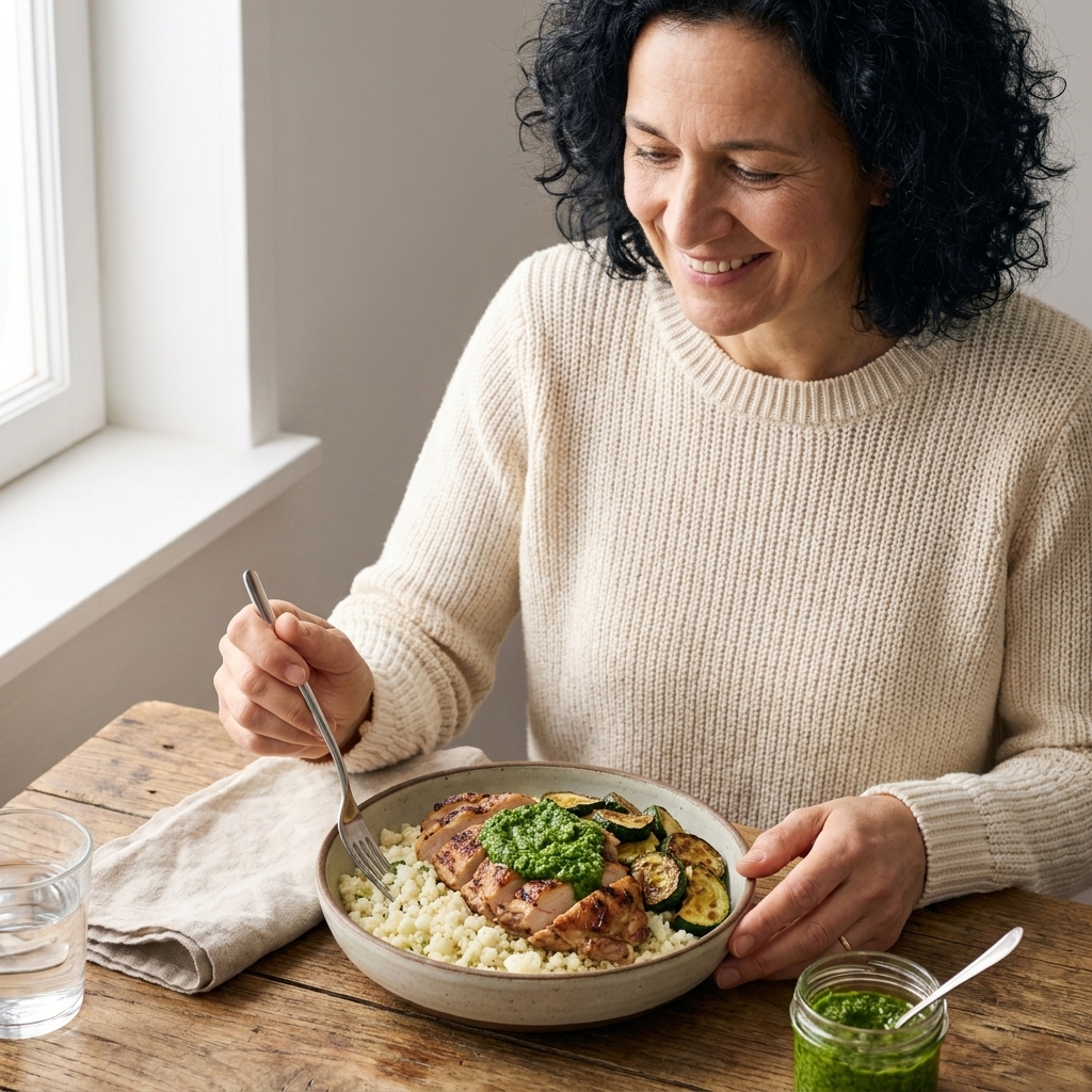 A bowl of cauliflower rice topped with sliced chicken thighs, roasted zucchini, and a spoonful of bright green pesto on a wooden table in natural light