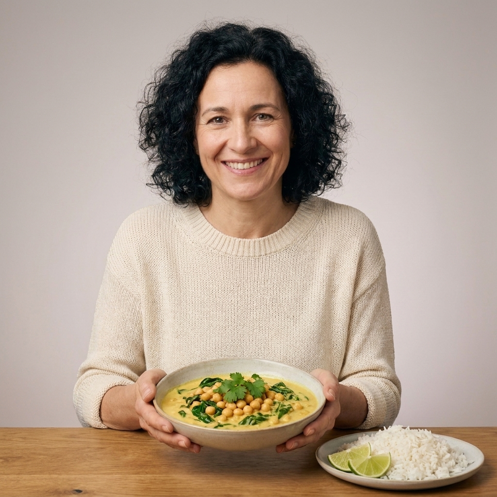 A bowl of creamy coconut curry chickpeas with wilted spinach, served with rice and lime wedges