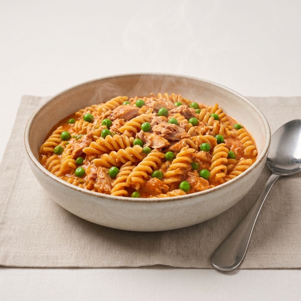 A bowl of creamy tomato tuna pasta with peas, served steaming hot with a spoon beside it