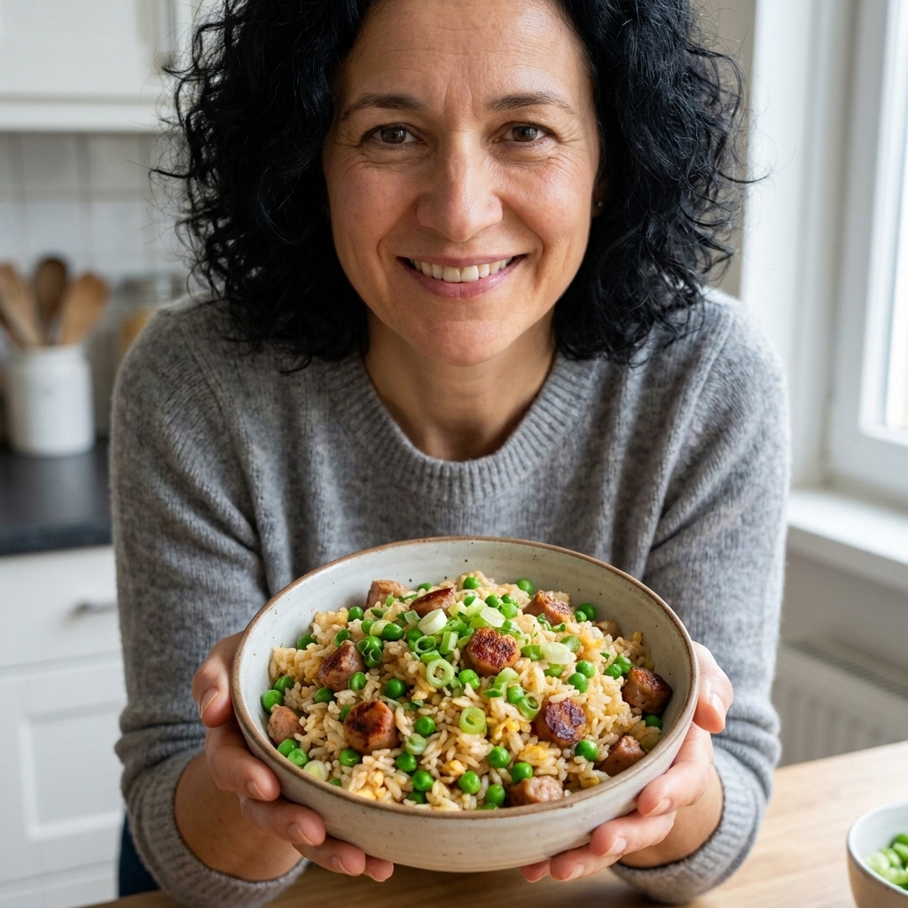 A bowl of egg fried rice with peas, scallions, and browned sausage pieces