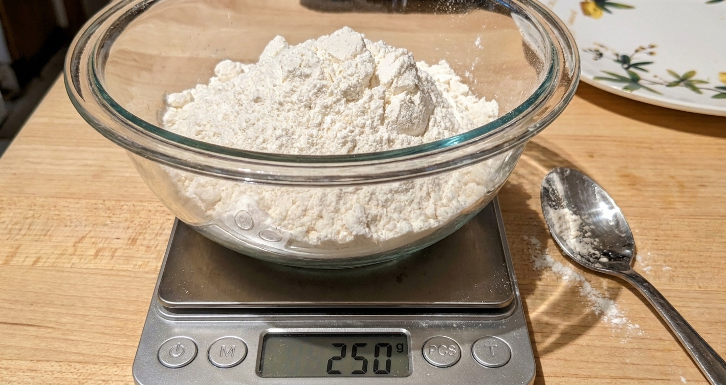 A bowl of flour sitting on a digital kitchen scale on a countertop, with a spoon nearby for gentle scooping