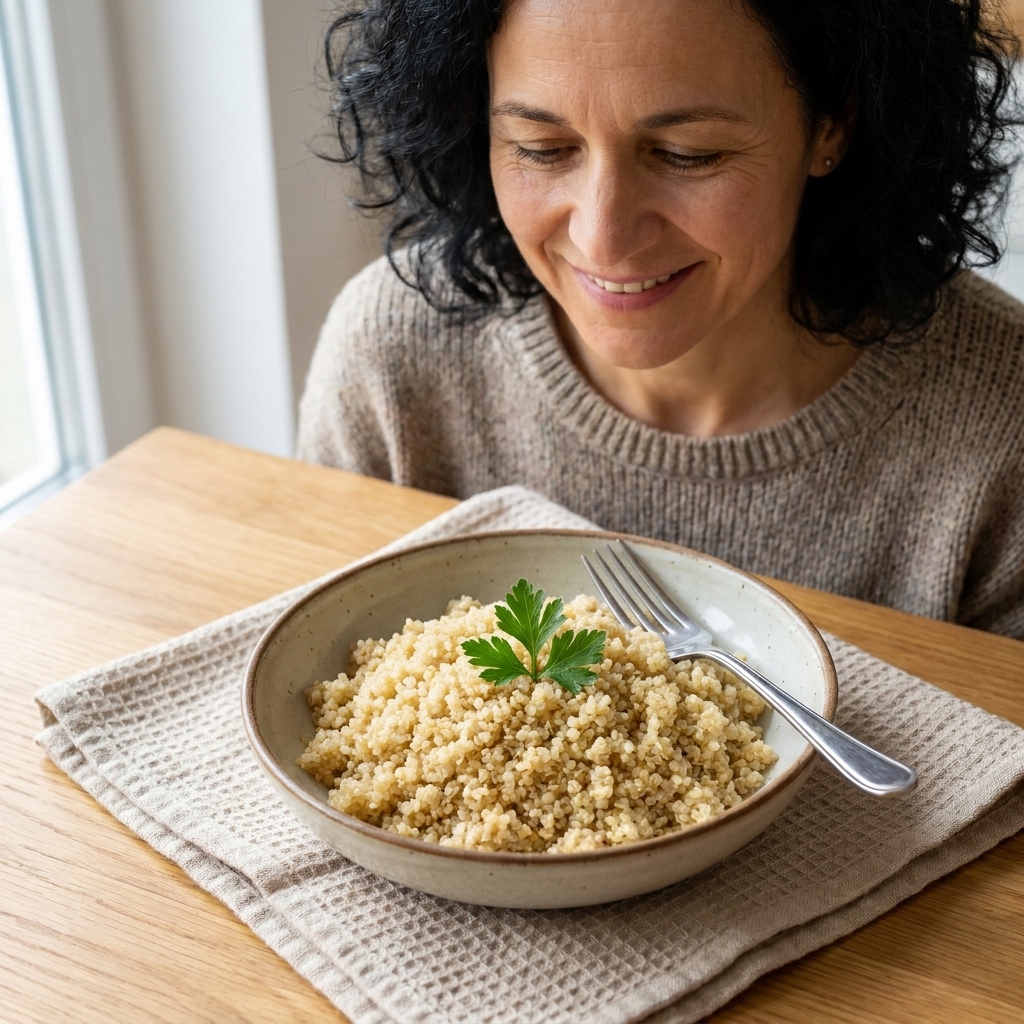A bowl of fluffy cooked quinoa with a fork resting on the rim, set on a simple kitchen towel