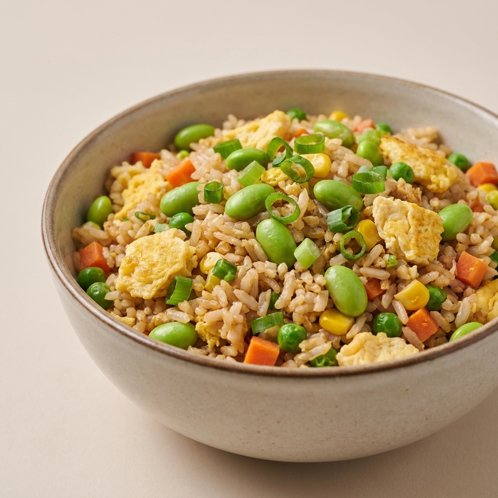 A bowl of fried rice with edamame, scrambled eggs, scallions, and mixed vegetables