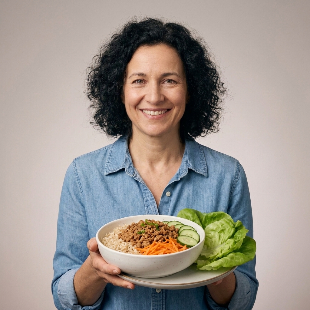 A bowl of ginger tamari ground turkey served with shredded carrots and cucumber over rice, with butter lettuce leaves on the side