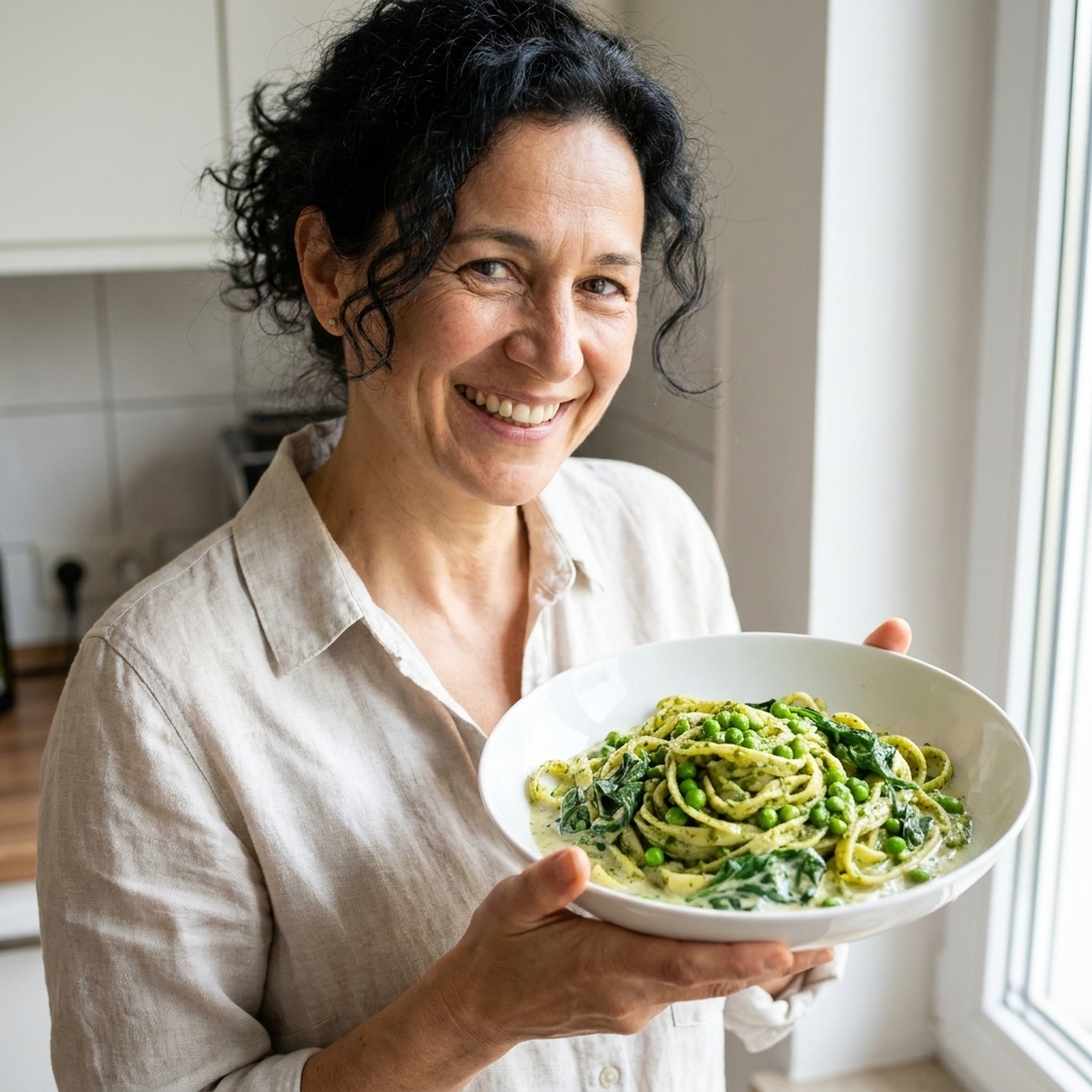 A bowl of green pesto pasta with peas and spinach, coated in a creamy sauce