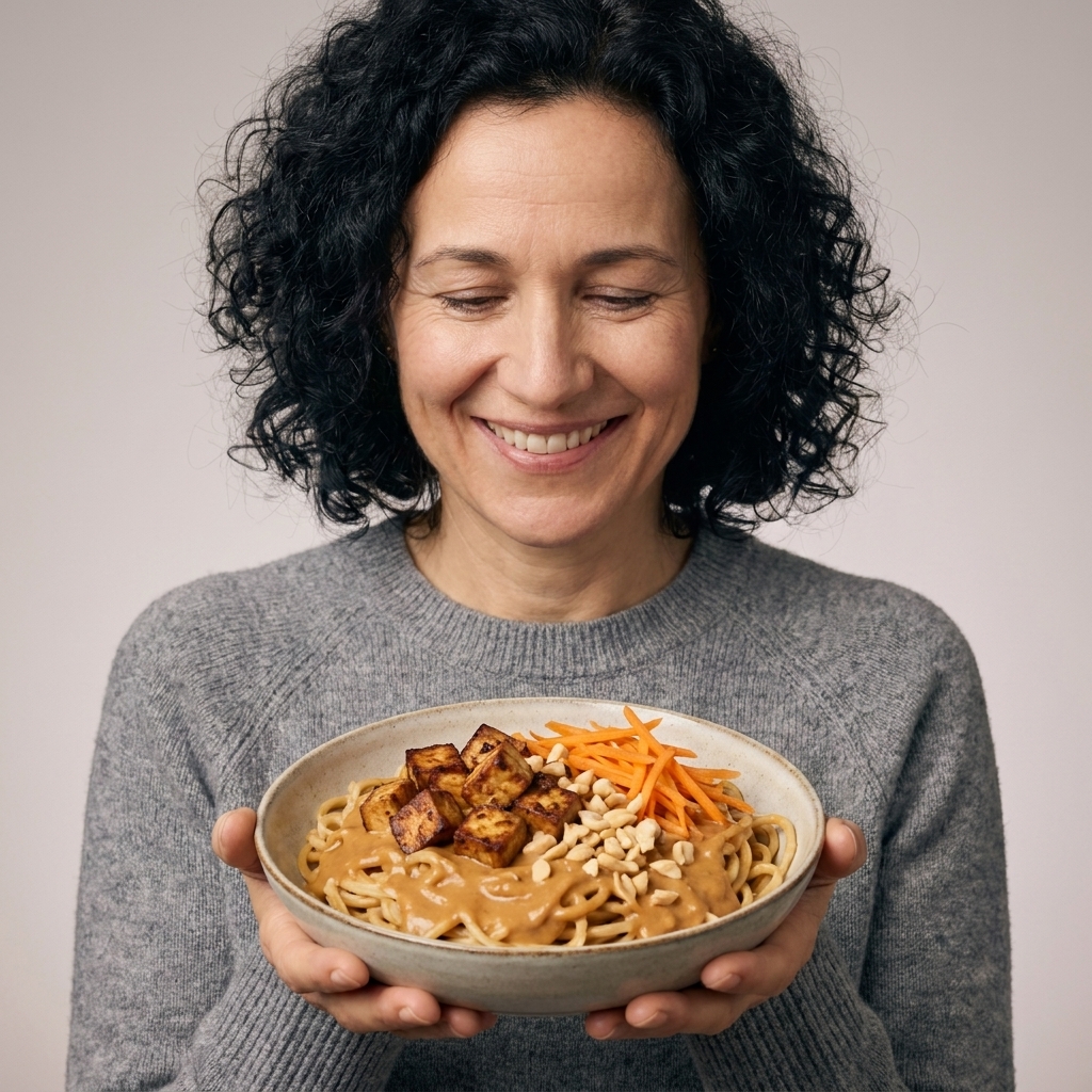A bowl of noodles coated in creamy peanut sauce with tofu cubes, shredded carrots, and chopped peanuts