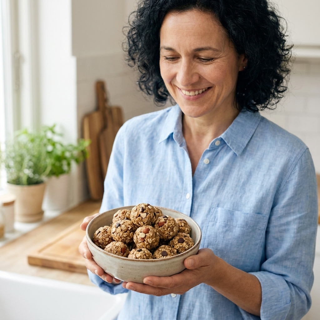 A bowl of oat and date energy bites with visible oats and chopped nuts, ready for snacking