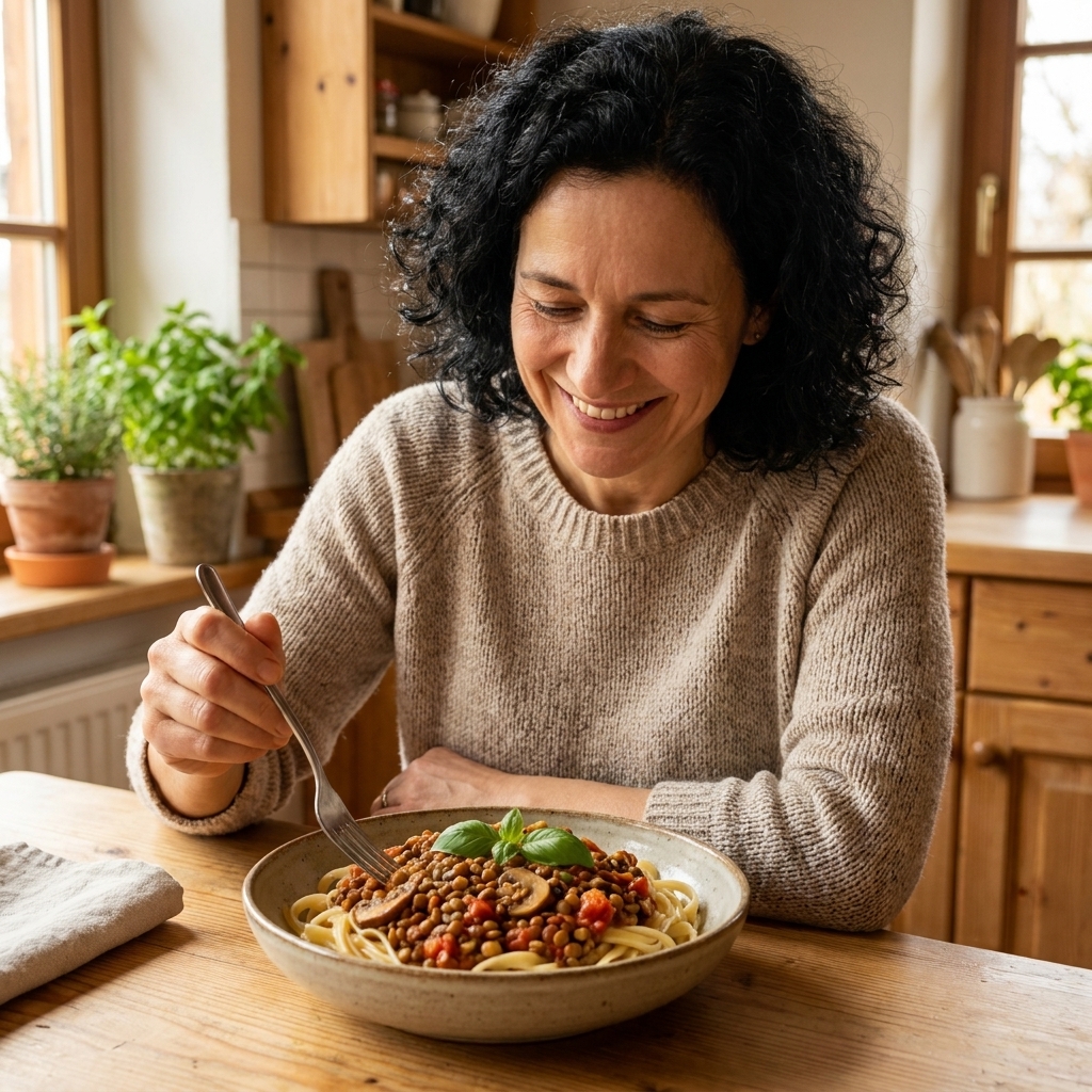 A bowl of pasta topped with thick lentil and mushroom tomato sauce, with fresh basil on top, photographed in warm kitchen light
