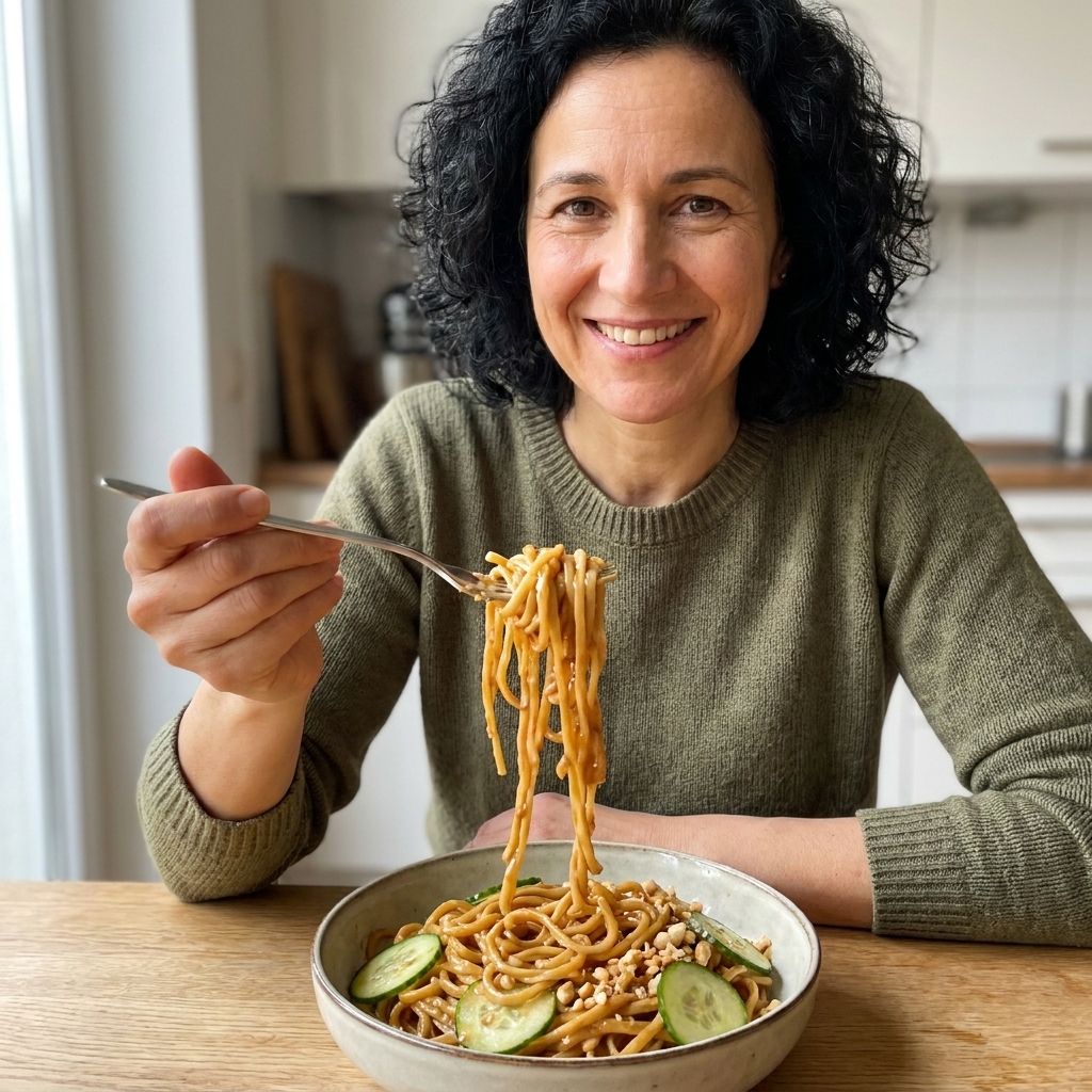 A bowl of peanut-coated noodles topped with thinly sliced cucumbers, glossy sauce clinging to the strands