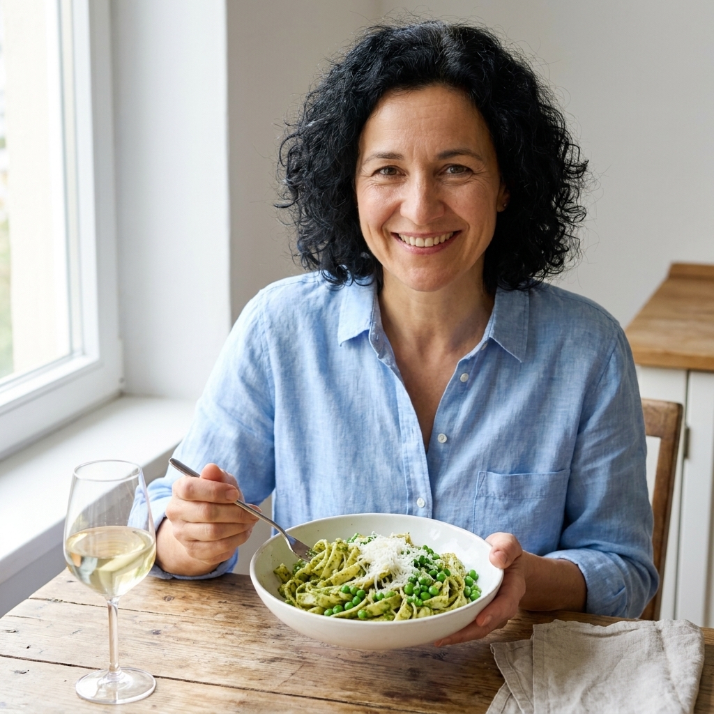 A bowl of pesto pasta with bright green peas and freshly grated Parmesan cheese