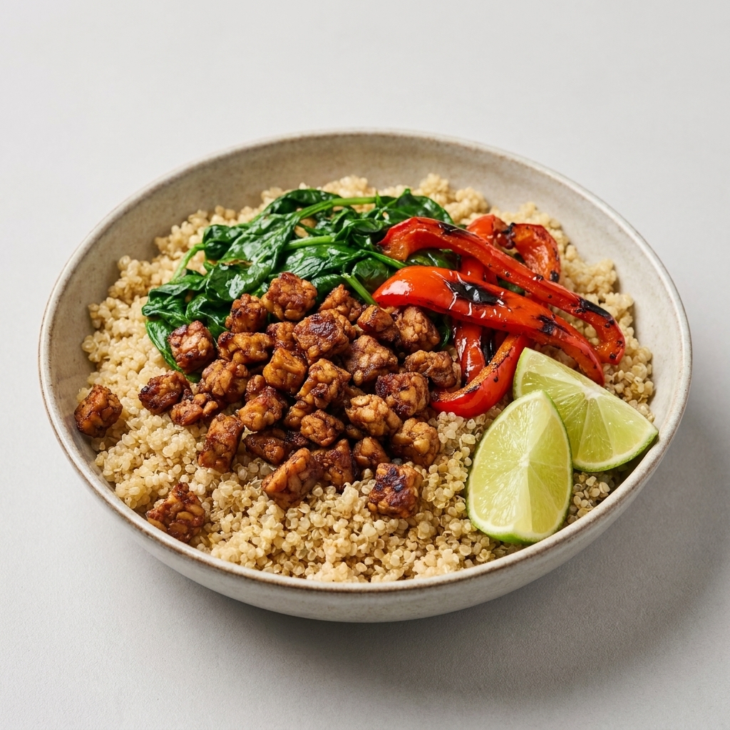 A bowl of quinoa topped with smoky sautéed tempeh crumbles, spinach, roasted red peppers, and lime wedges