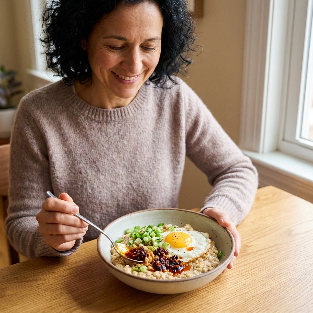 A bowl of savory oatmeal topped with a fried egg, scallions, and a spoonful of chili crisp