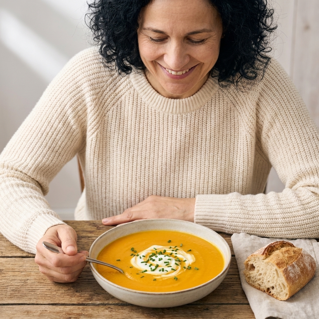 A bowl of smooth carrot ginger soup topped with chives and a swirl of lactose-free yogurt on a wooden table