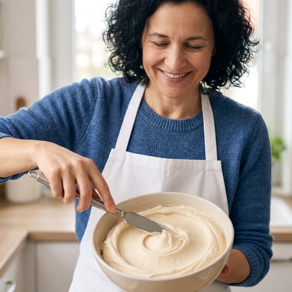 A bowl of smooth, silky buttercream with soft peaks, with a spatula making a clean swirl through the frosting