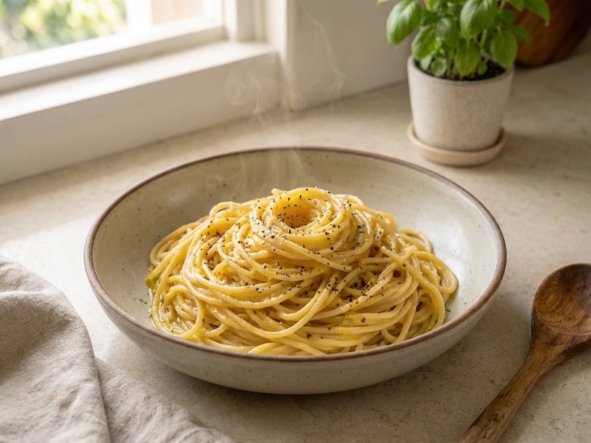 A bowl of spaghetti coated in a glossy egg-and-cheese sauce with black pepper, served warm