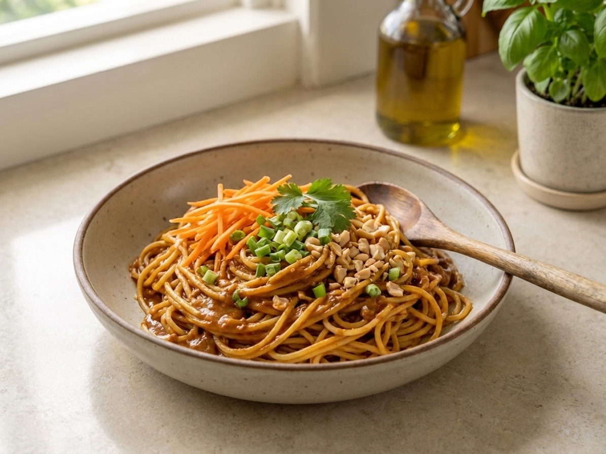 A bowl of spaghetti-style noodles tossed in spicy peanut sauce with scallions and shredded carrots