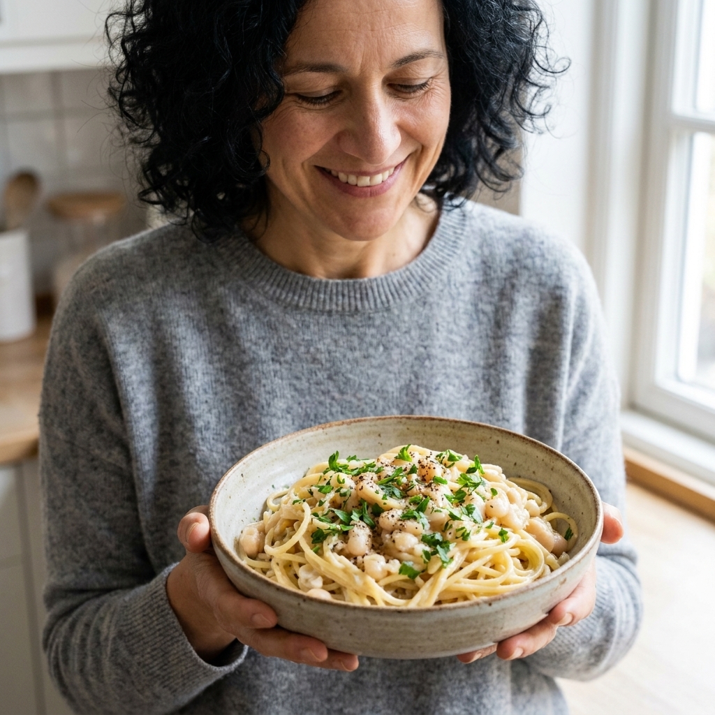 A bowl of spaghetti tossed in creamy white bean lemon-garlic sauce with parsley and cracked black pepper