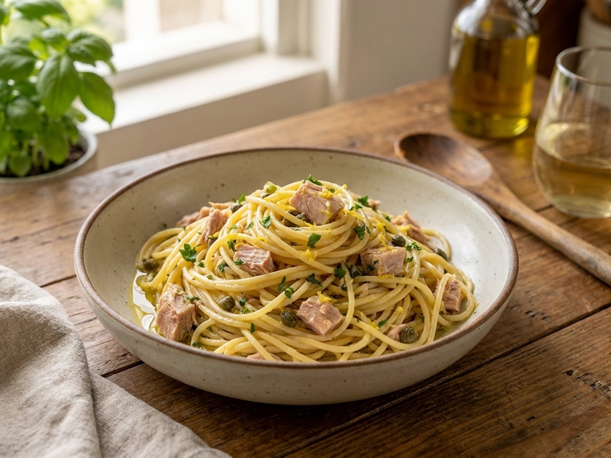 A bowl of spaghetti tossed with tuna, lemon zest, capers, and parsley on a simple dinner table