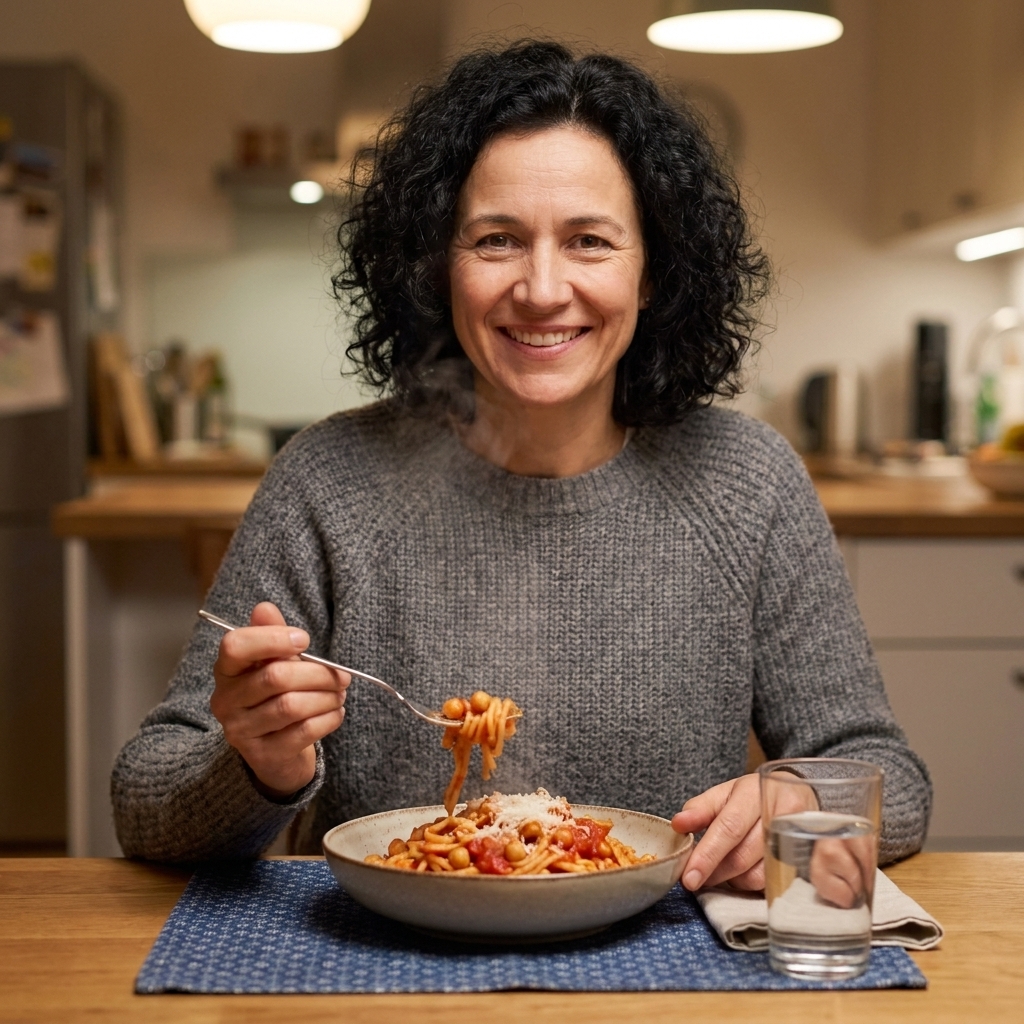 A bowl of tomato-coated-pasta with chickpeas and grated cheese, steam rising, on a casual weeknight dinner table