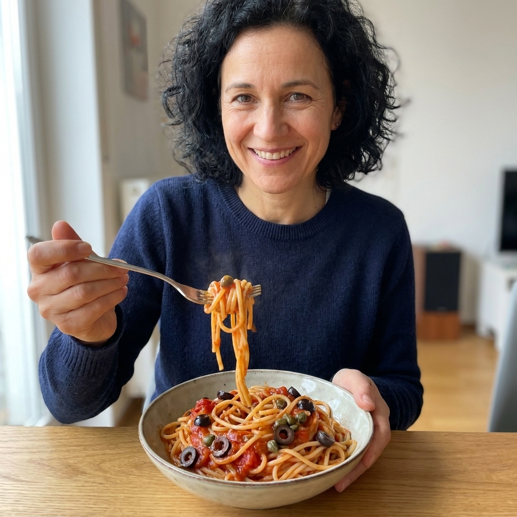 A bowl of tomato pasta with sliced olives and capers, glossy sauce clinging to the noodles