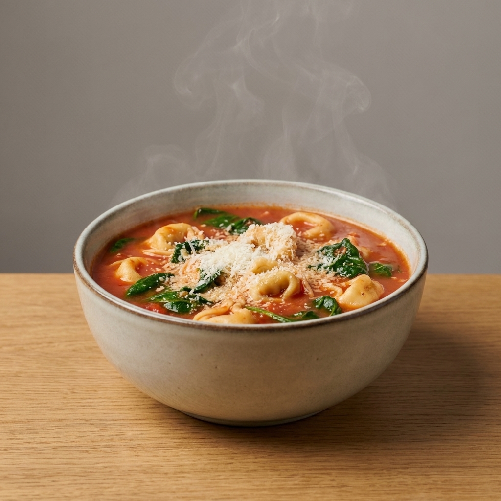 A bowl of tomato tortellini soup with spinach, topped with grated Parmesan, steam rising