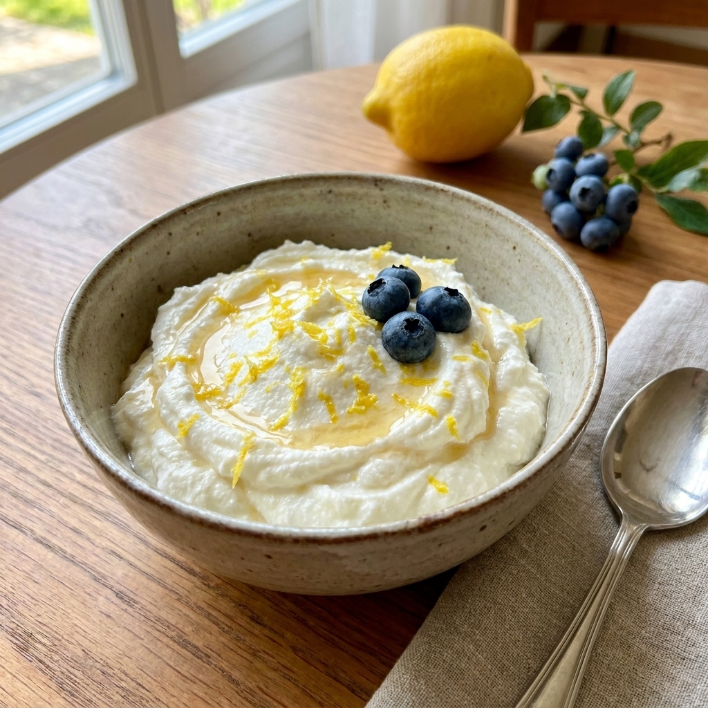 A bowl of whipped ricotta with lemon zest and a few blueberries on top, set on a wooden table