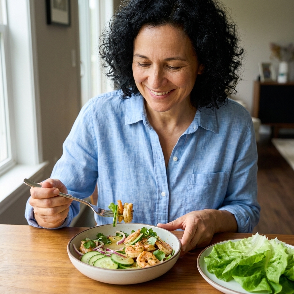 A bowl with ginger-lime shrimp, crisp cucumber salad, and lettuce leaves on the side