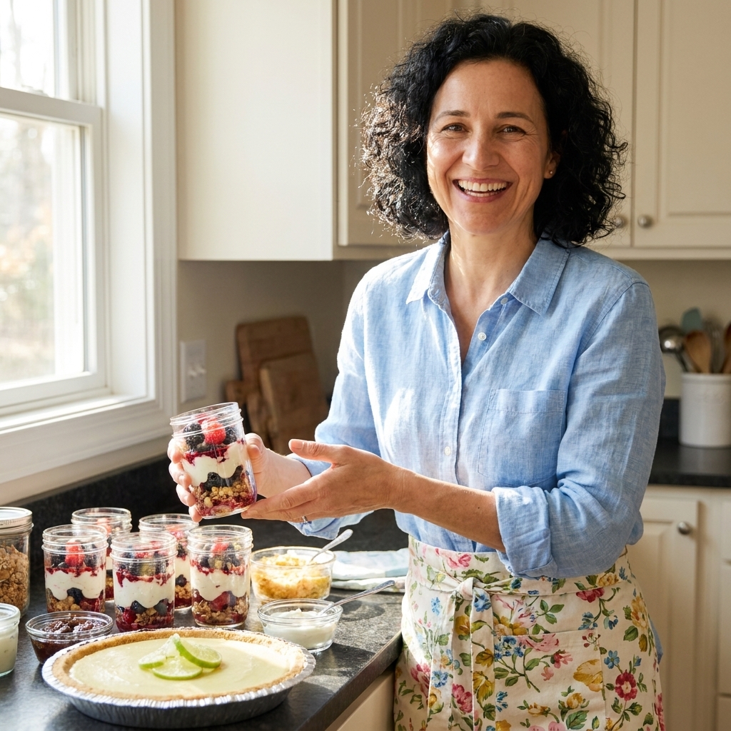 A bright kitchen counter with several no-bake desserts ready to serve, including layered parfait jars and a chilled pie, with natural window light