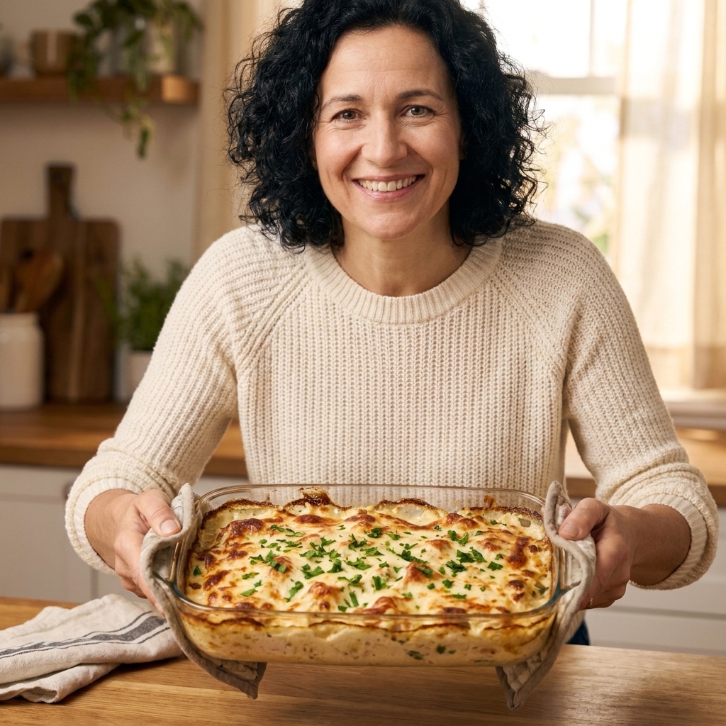 A bubbling chicken Alfredo cauliflower casserole topped with browned mozzarella and chopped parsley in a glass baking dish
