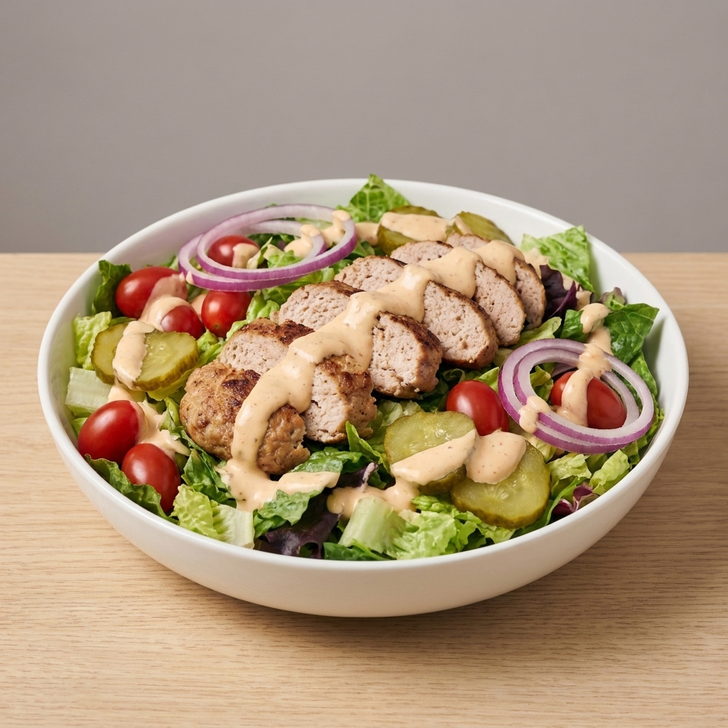 A burger bowl with sliced turkey patty, lettuce, tomatoes, pickles, and a drizzle of creamy sauce