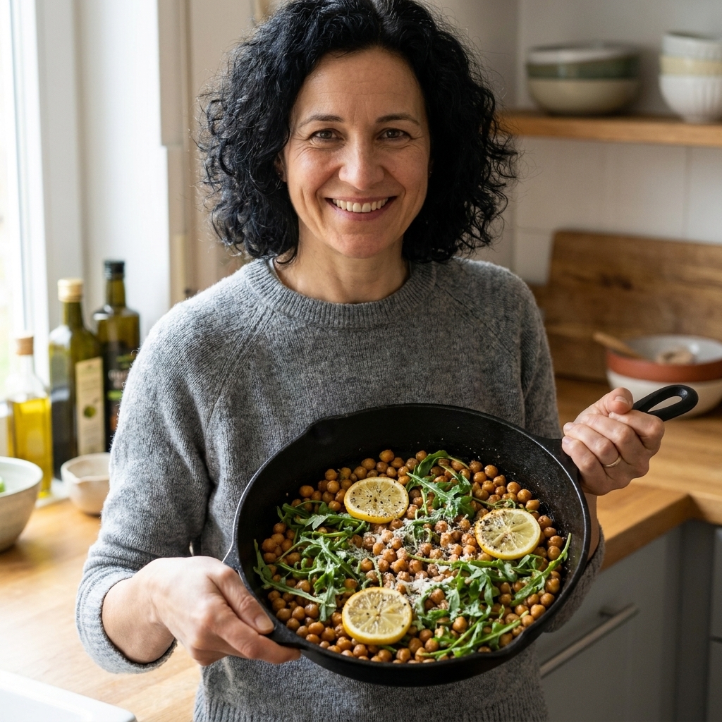 A cast-iron skillet filled with browned chickpeas, lemon slices, black pepper, and wilted arugula with grated parmesan scattered on top