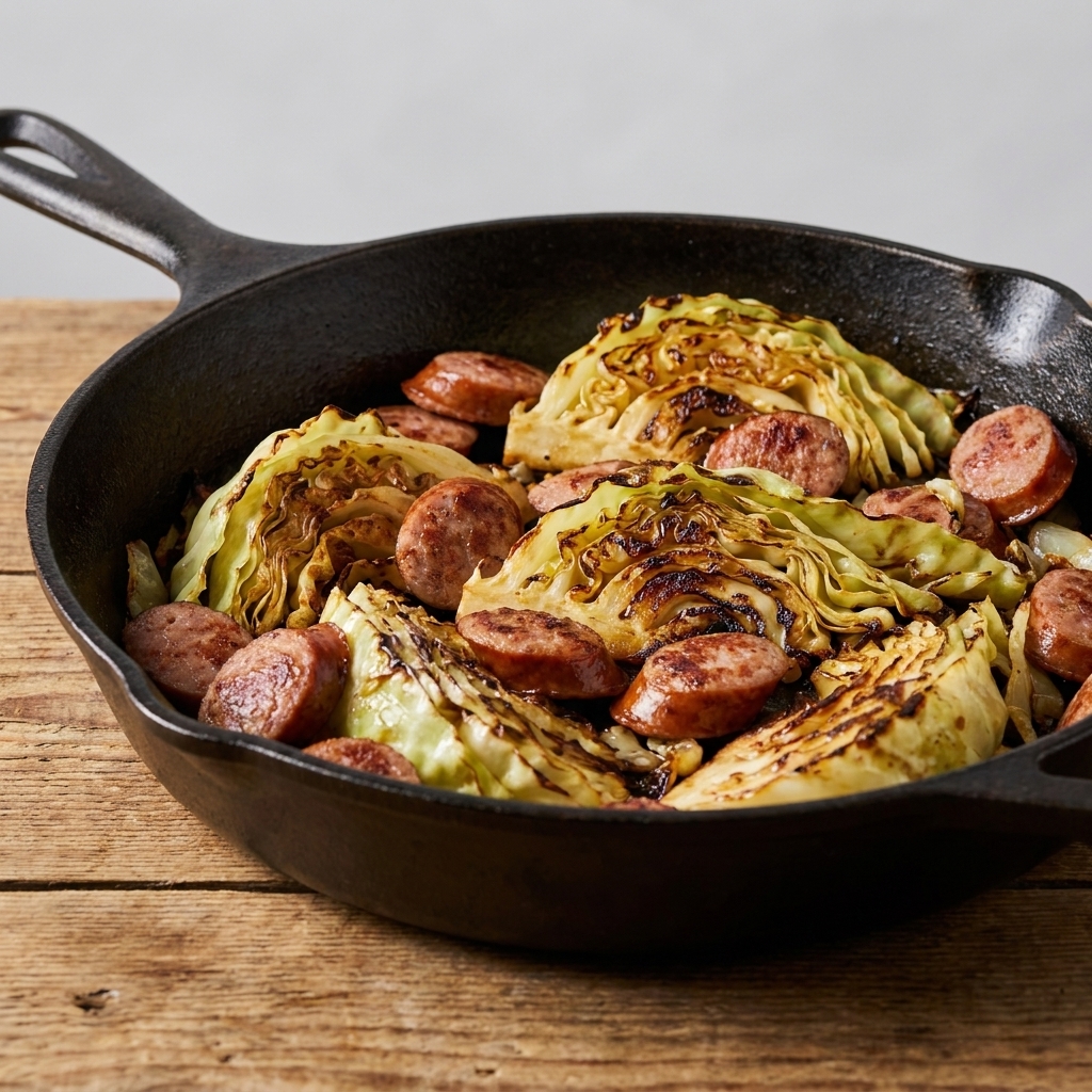 A cast iron skillet filled with browned sausage slices and sautéed cabbage with caramelized edges
