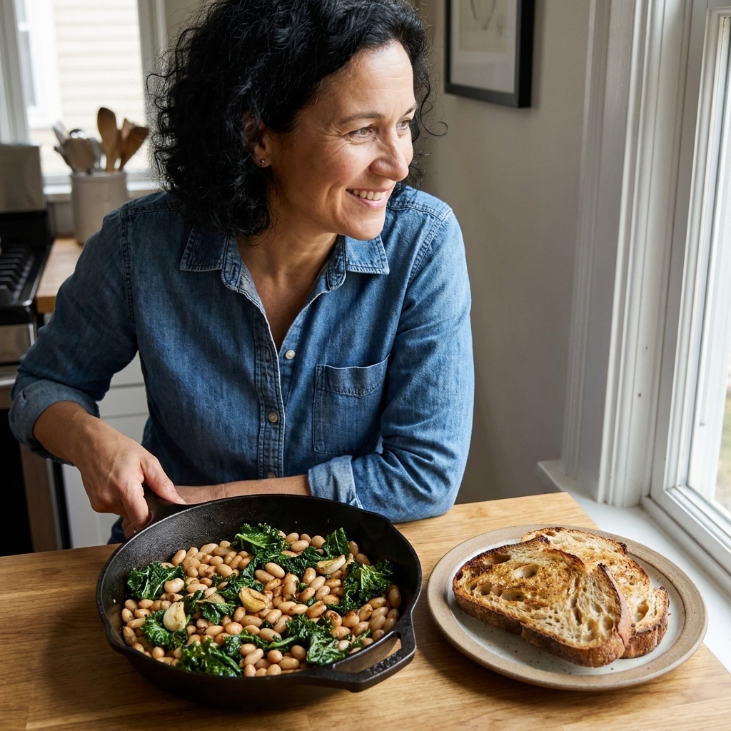 A cast iron skillet with browned white beans and wilted greens, with toasted bread slices on a plate nearby
