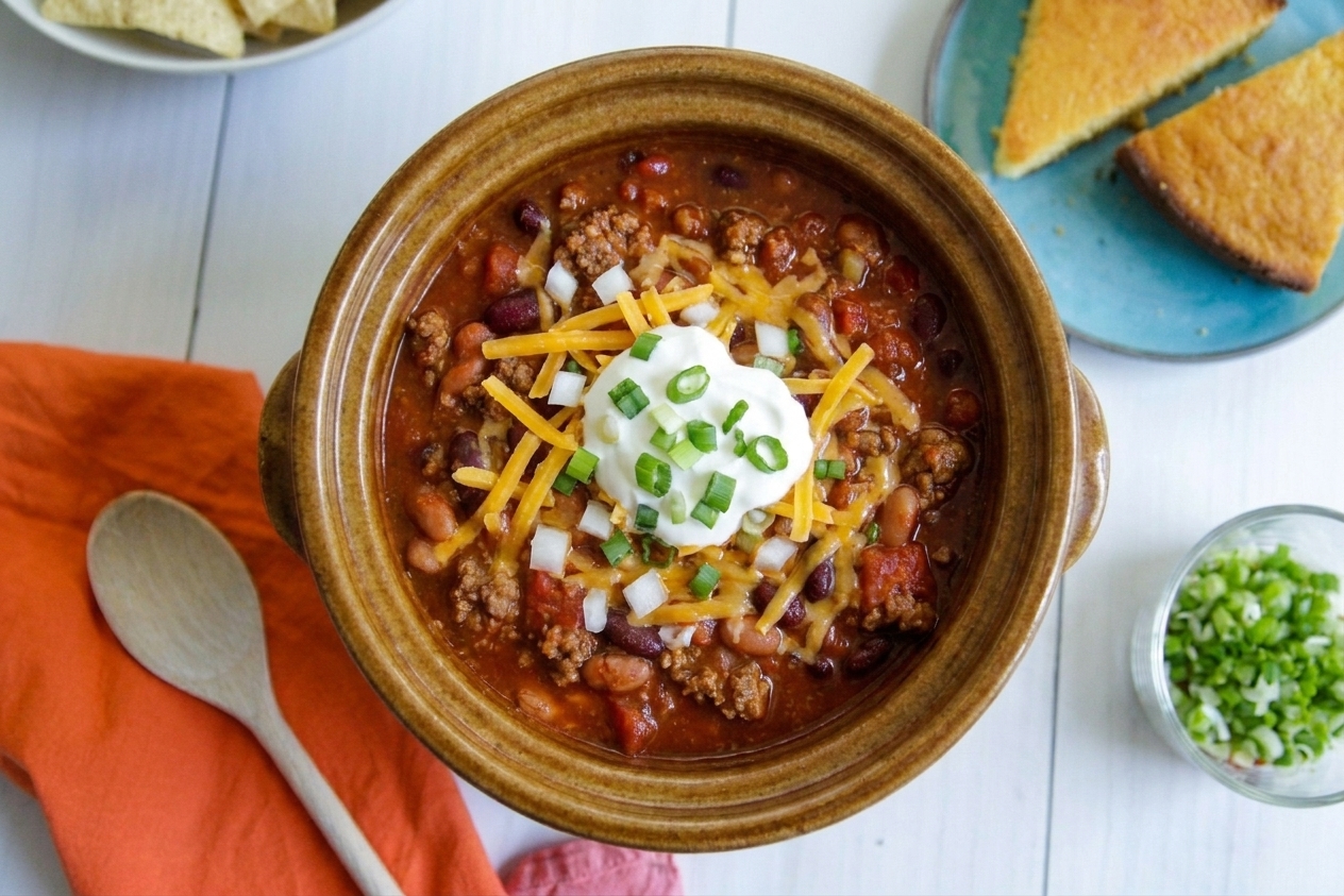 A ceramic bowl of hearty chili topped with shredded cheddar, diced onion, and a dollop of sour cream on a wooden table