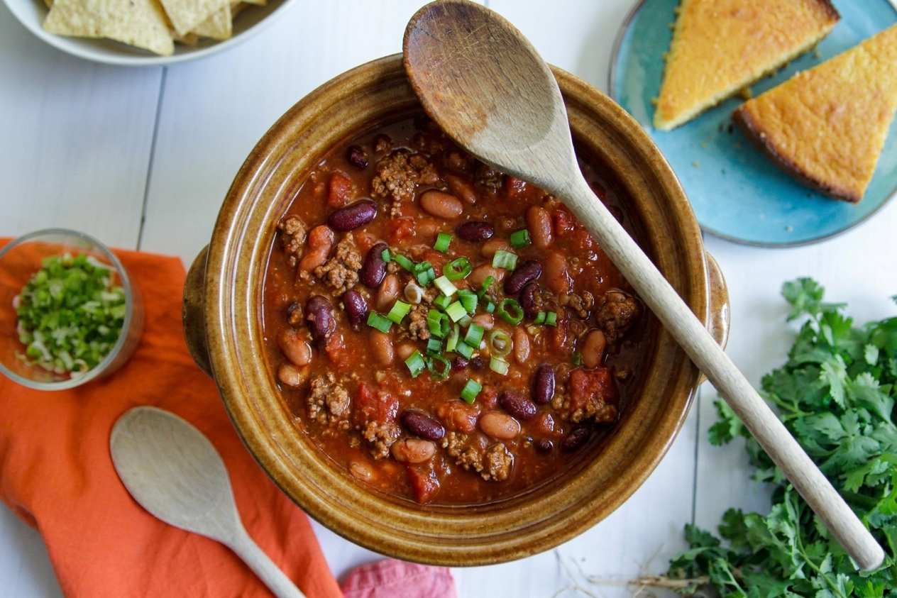 A ceramic slow cooker crock filled with red chili, visible ground beef and beans, with a wooden spoon resting on the rim