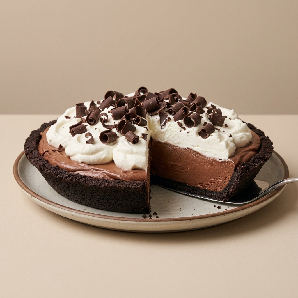 A chocolate cream pie topped with whipped cream and chocolate curls, sliced to show the creamy filling