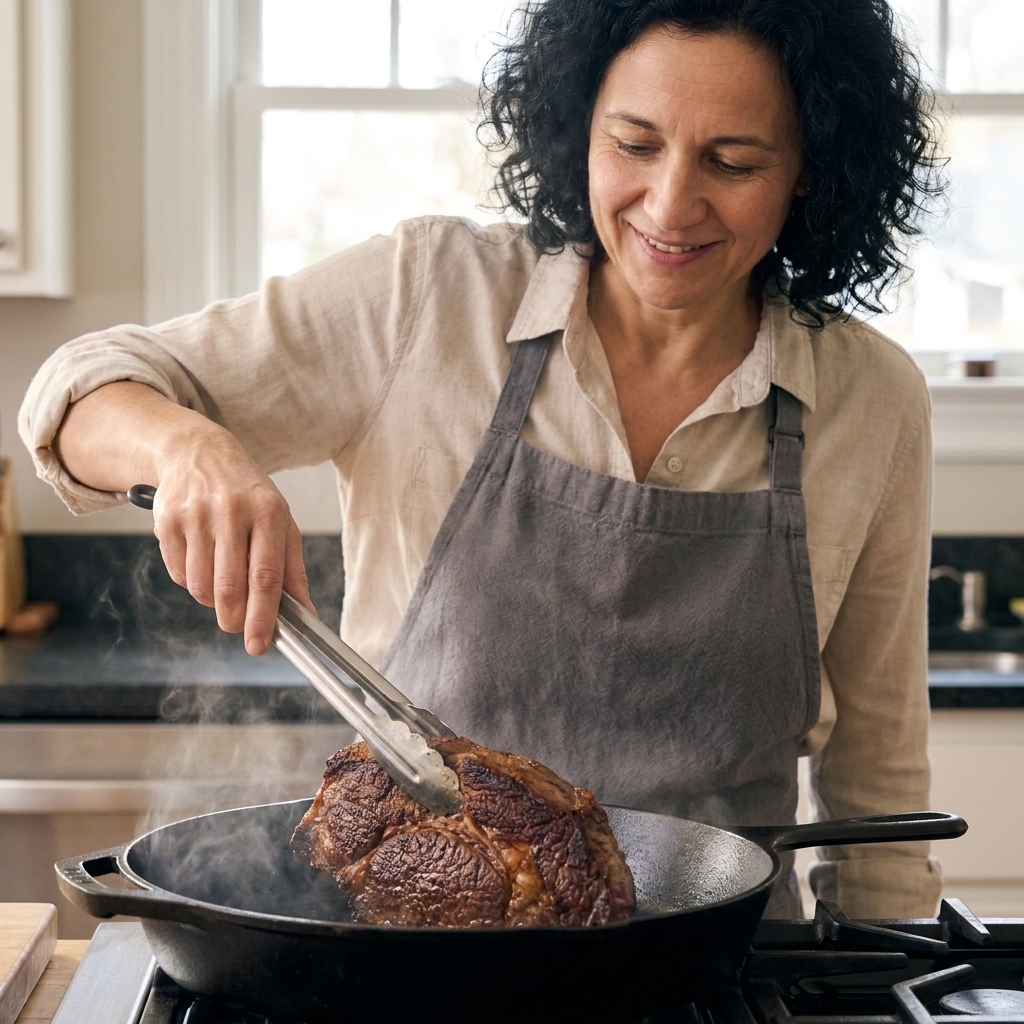 A chuck roast being seared in a hot skillet until deeply browned, with tongs lifting one edge to show the crust