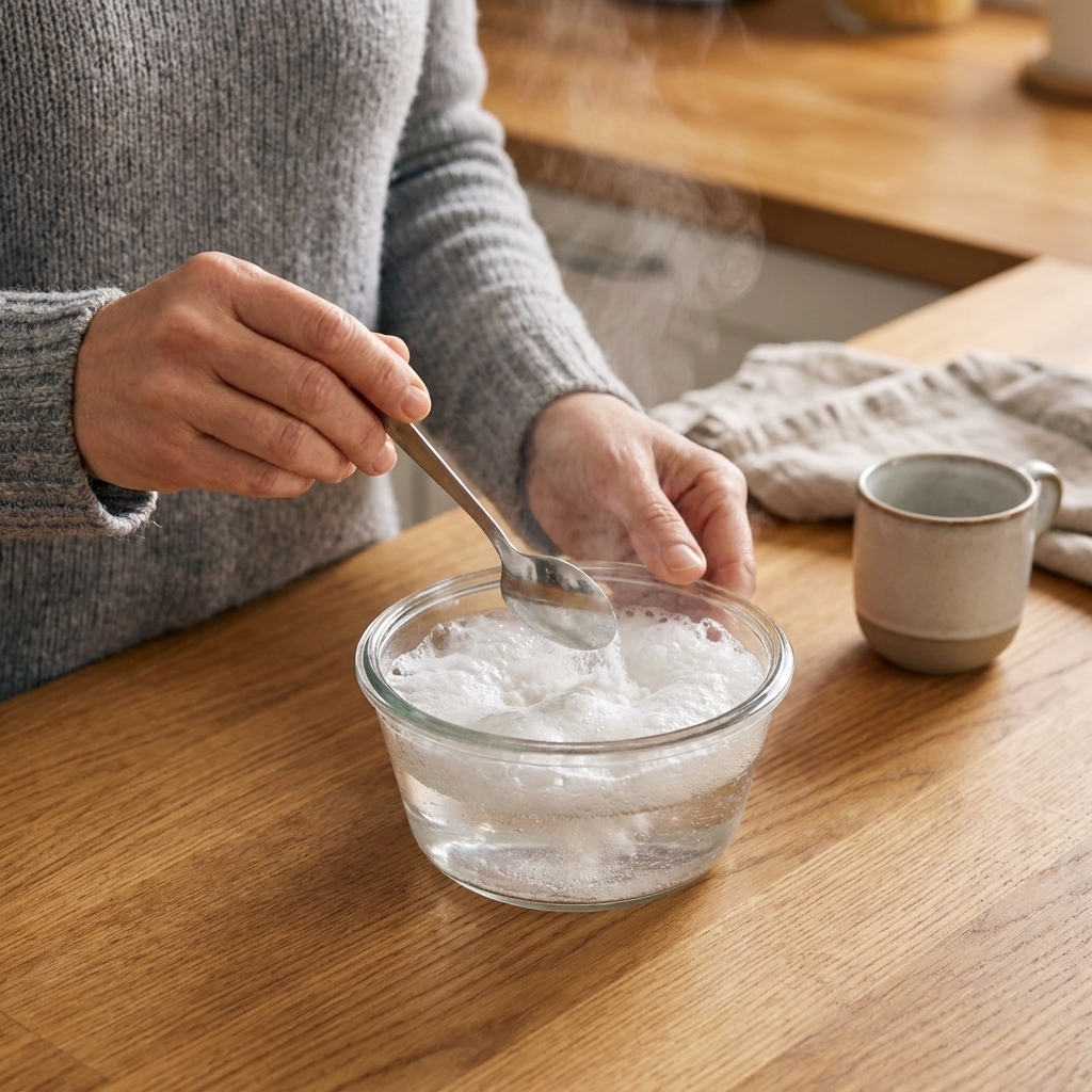 A close-up of a teaspoon of baking powder being stirred into a small bowl of hot water on a kitchen counter, starting to bubble