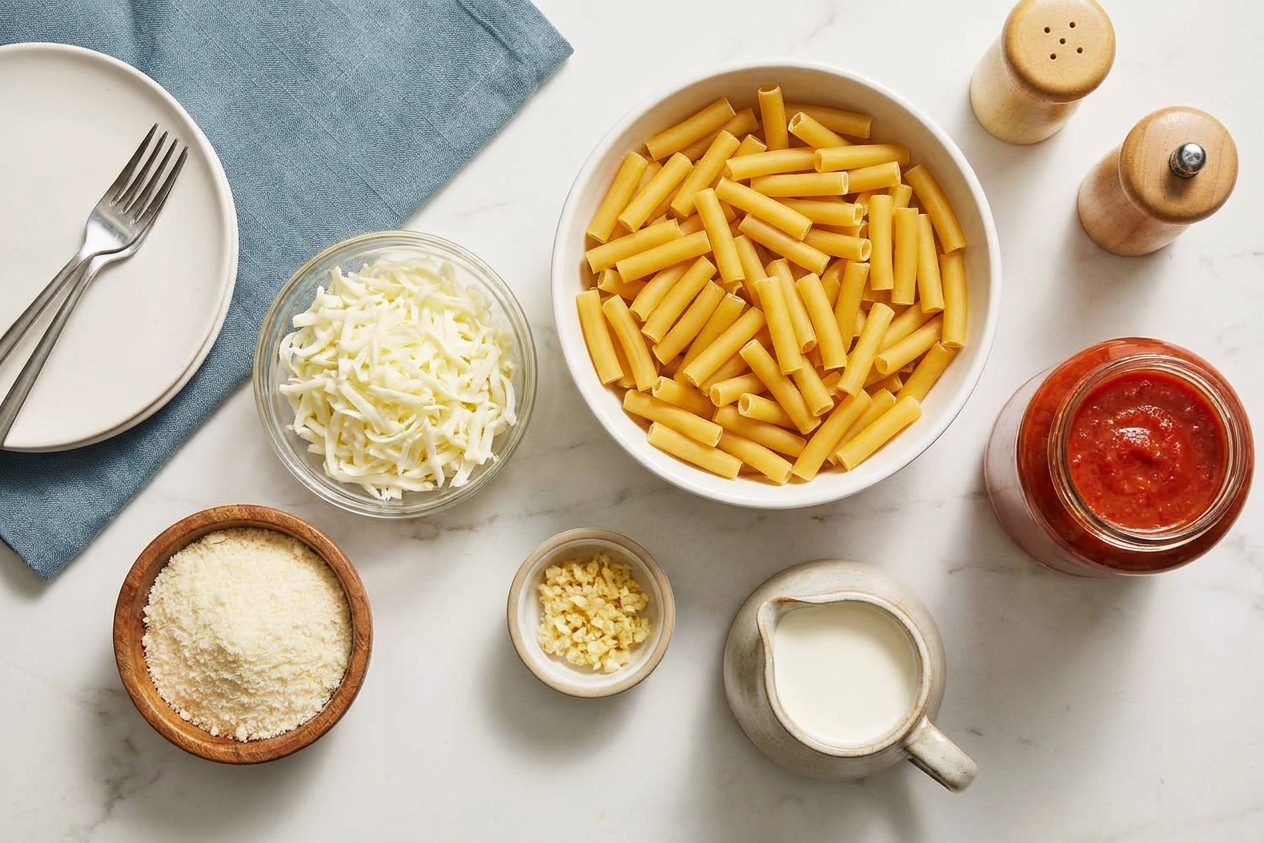 A countertop scene with bowls of dry ziti, shredded mozzarella, grated Parmesan, marinara sauce, minced garlic, and a small pitcher of cream arranged for cooking