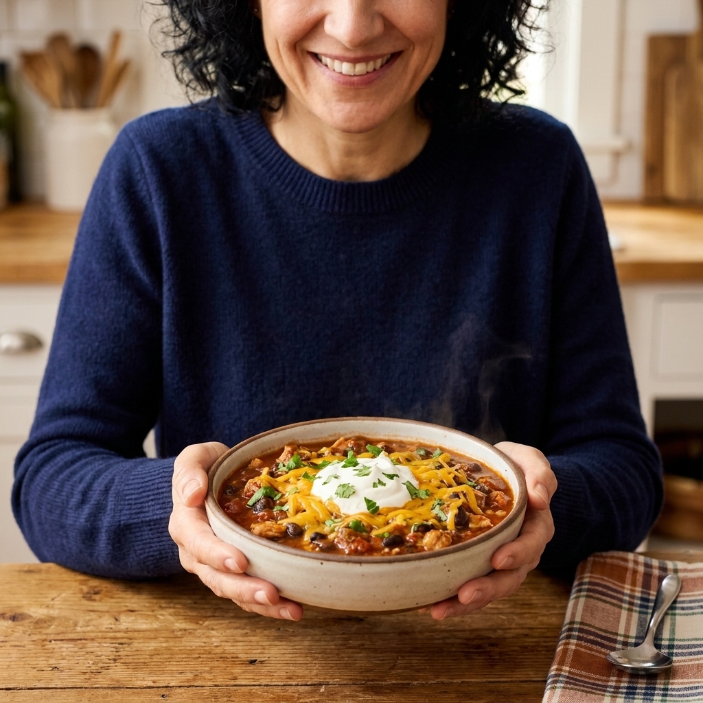 A cozy bowl of turkey and bean chili topped with shredded cheese and a dollop of sour cream
