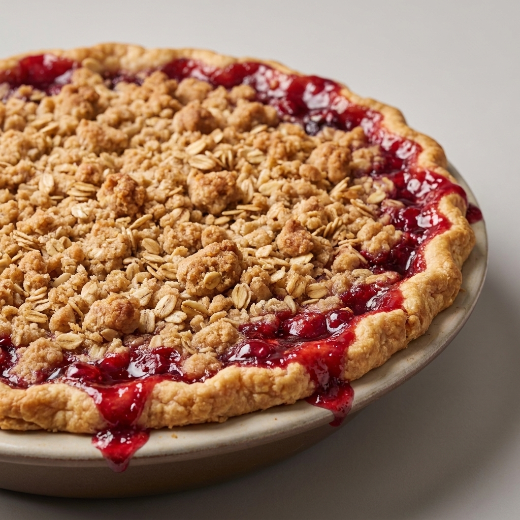 A cranberry pie with a golden oat streusel topping, cranberry juices bubbling at the edges