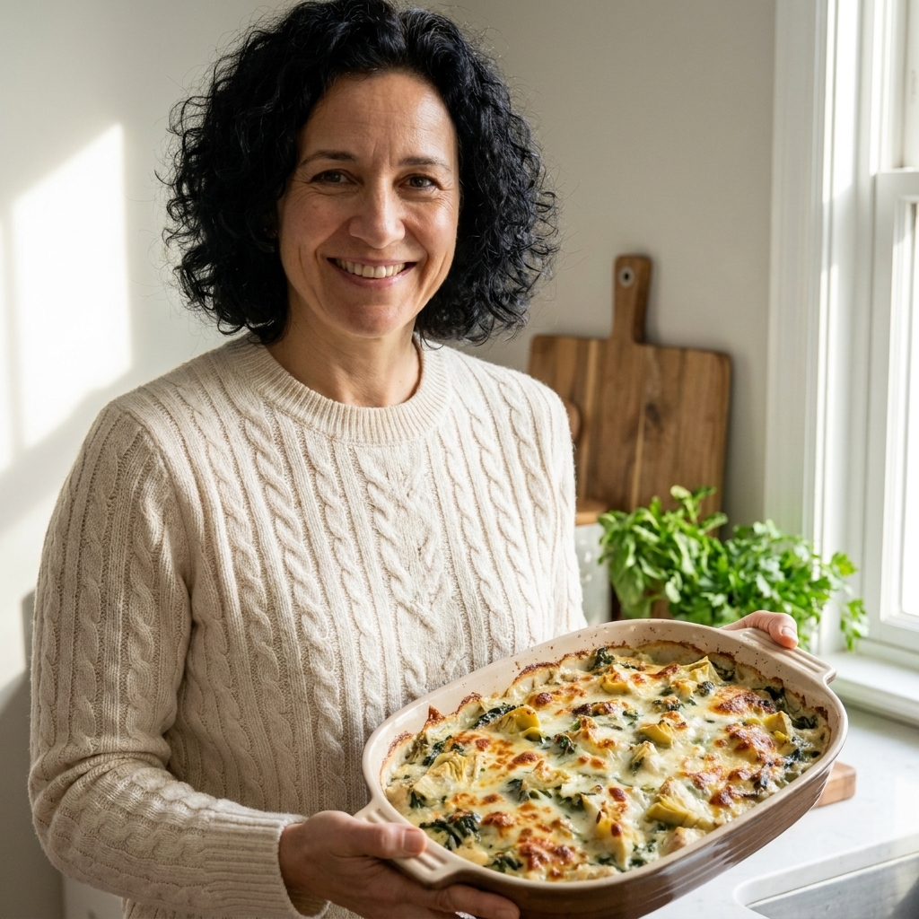 A creamy spinach artichoke chicken casserole with browned cheese spots and visible artichoke pieces in a ceramic baking dish